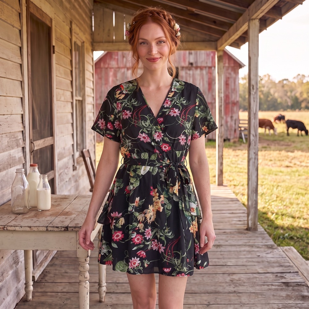 UGUEST Floral Wrap Mini Dress Women‎ 3X Black Cottagecore Ruffle Summer